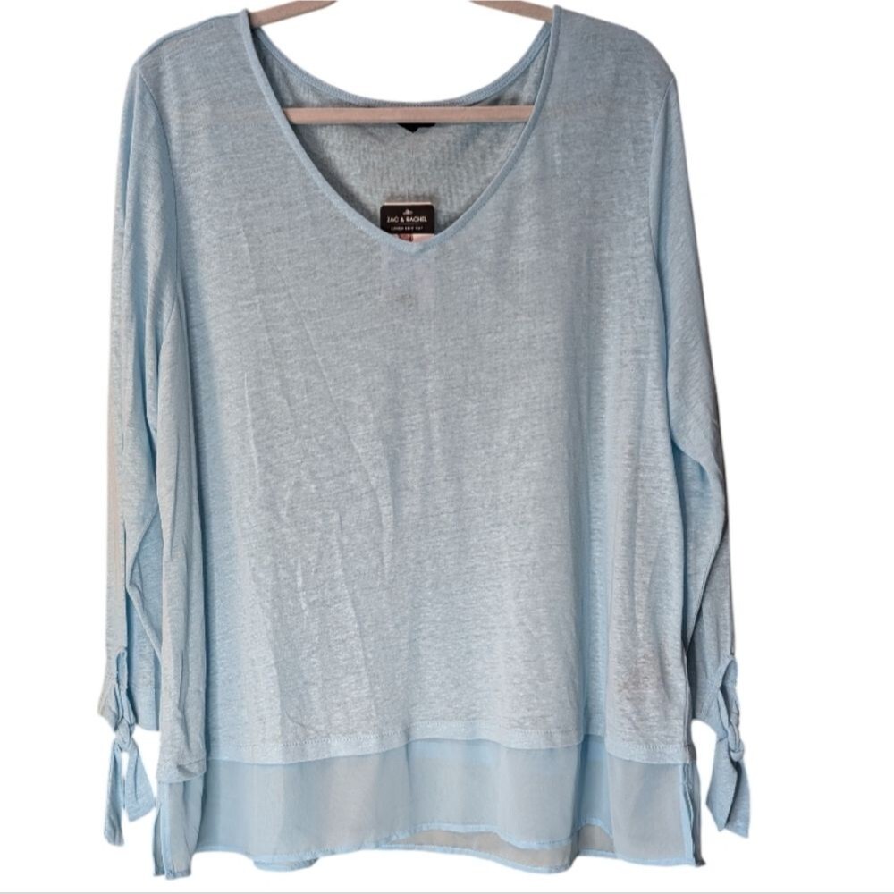 NWT Zac & Rachel Linen Knit Top Azurine blue tie detail semi sheer size XXL